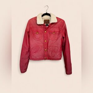 True Religion Red Sherpa Lined Denim Jacket Size M Y2K Western Trucker
